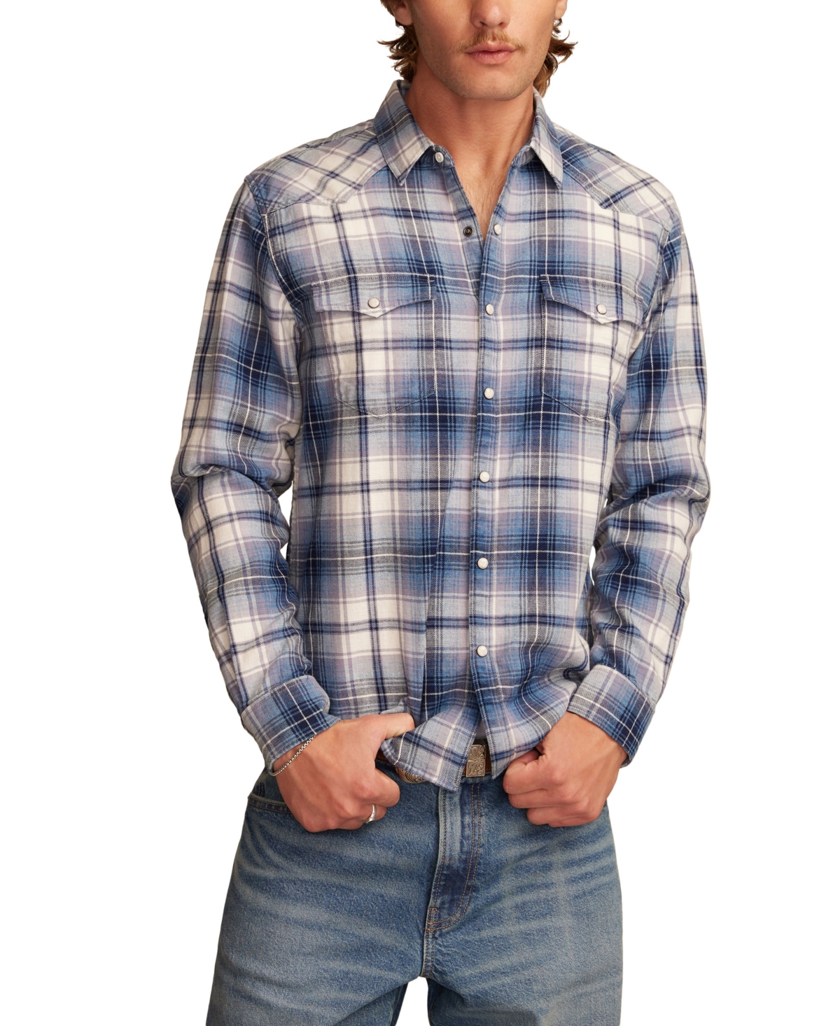 Men's Indigo Plaid Mesa Western Long Sleeve Shirt - Yellow Multi