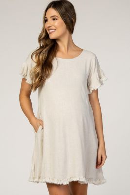 Maternity Beige Fringe Linen Dress