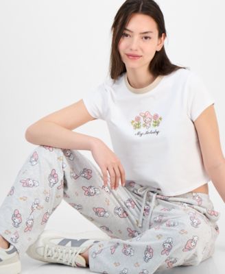 Love Tribe Juniors My Melody Crewneck T Shirt My Melody Allover Print Drawstring Pants In Brown