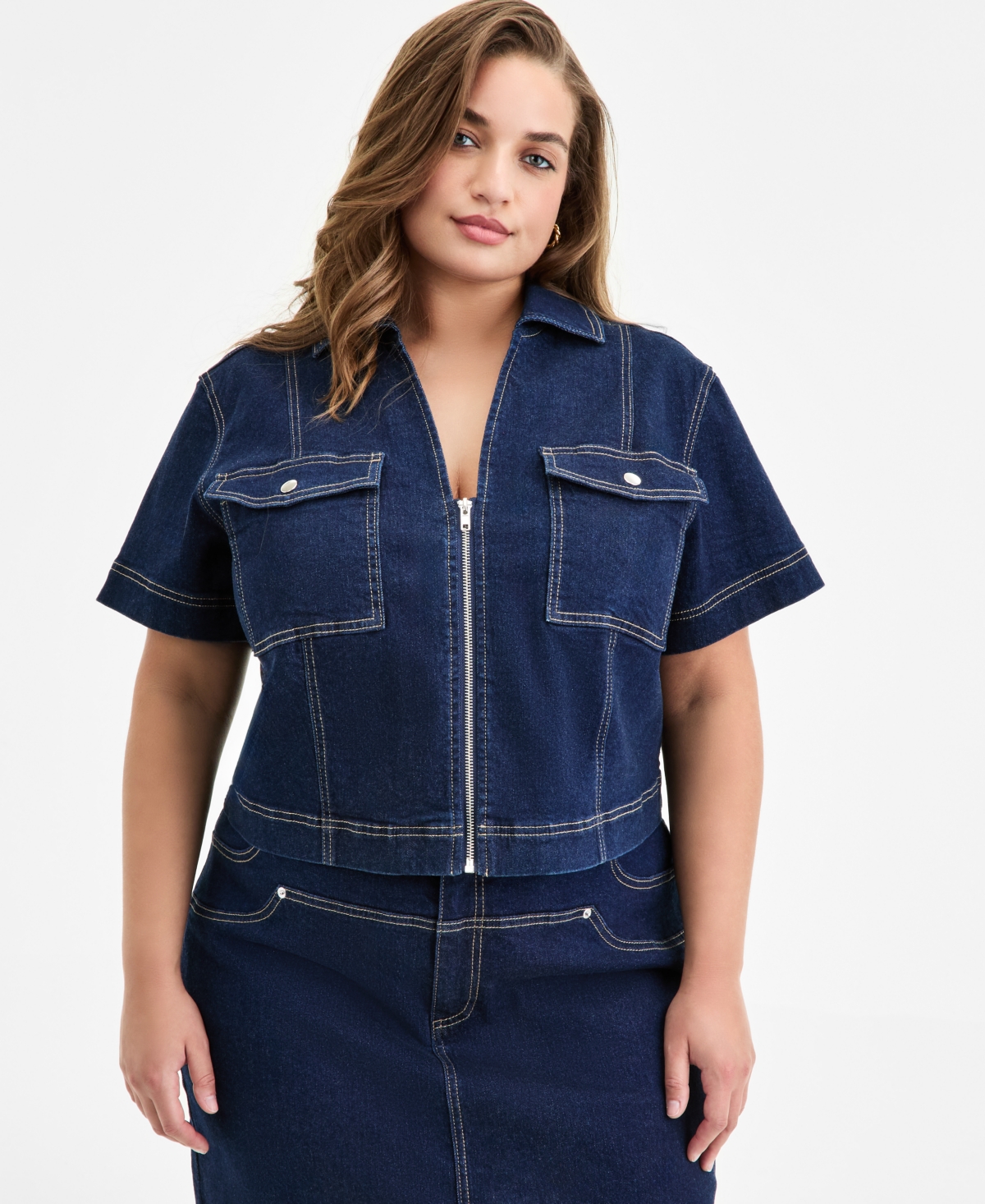 Trendy Plus Size Seamed Denim Zip-Front Top, Exclusively at Macy's - Midnight Wash