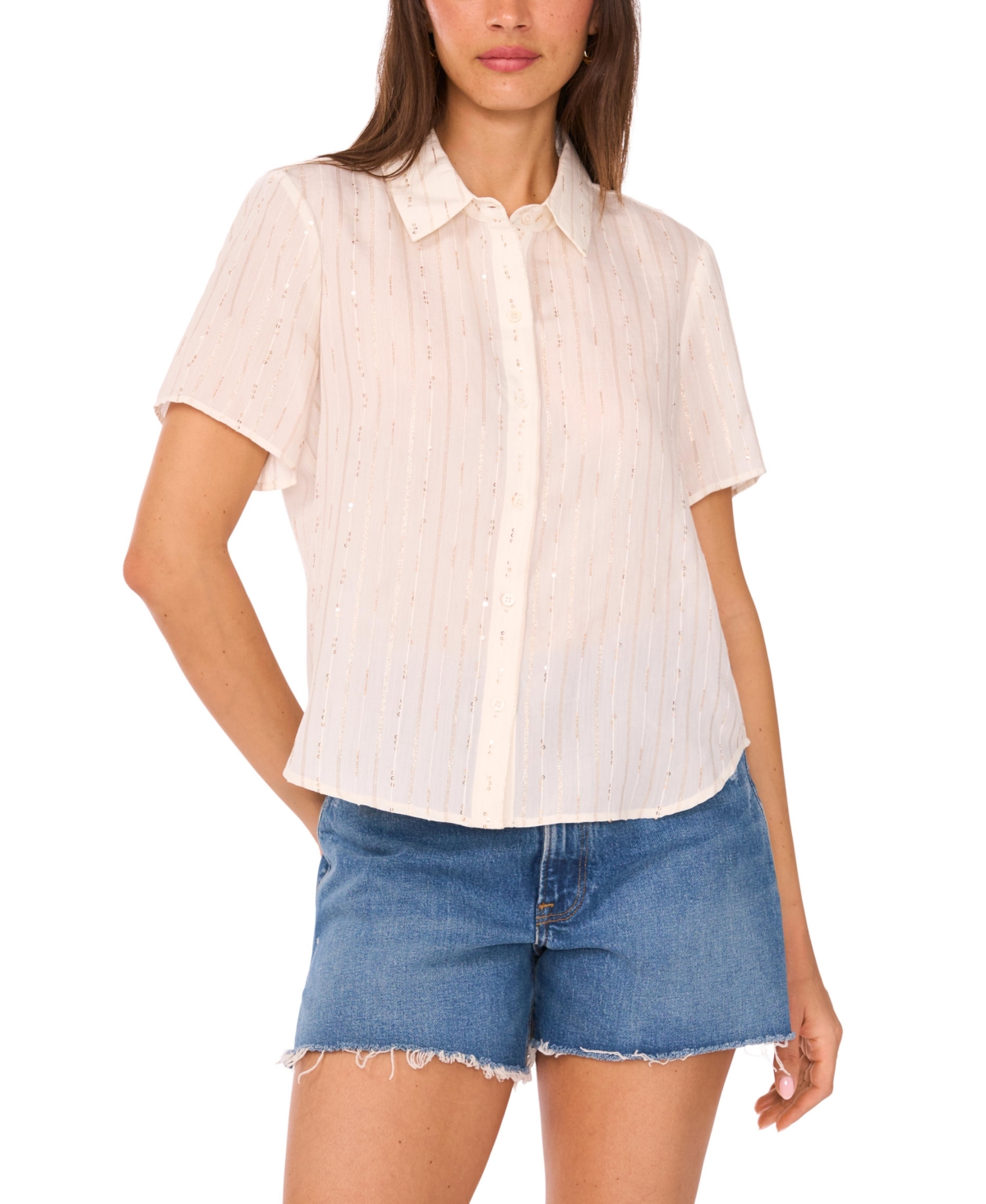 Women's Sequined Short-Sleeve Shirt - New Ivory