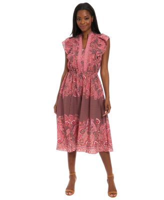 London Times - Women's Printed Split-Neckline Ruffle Midi Dress