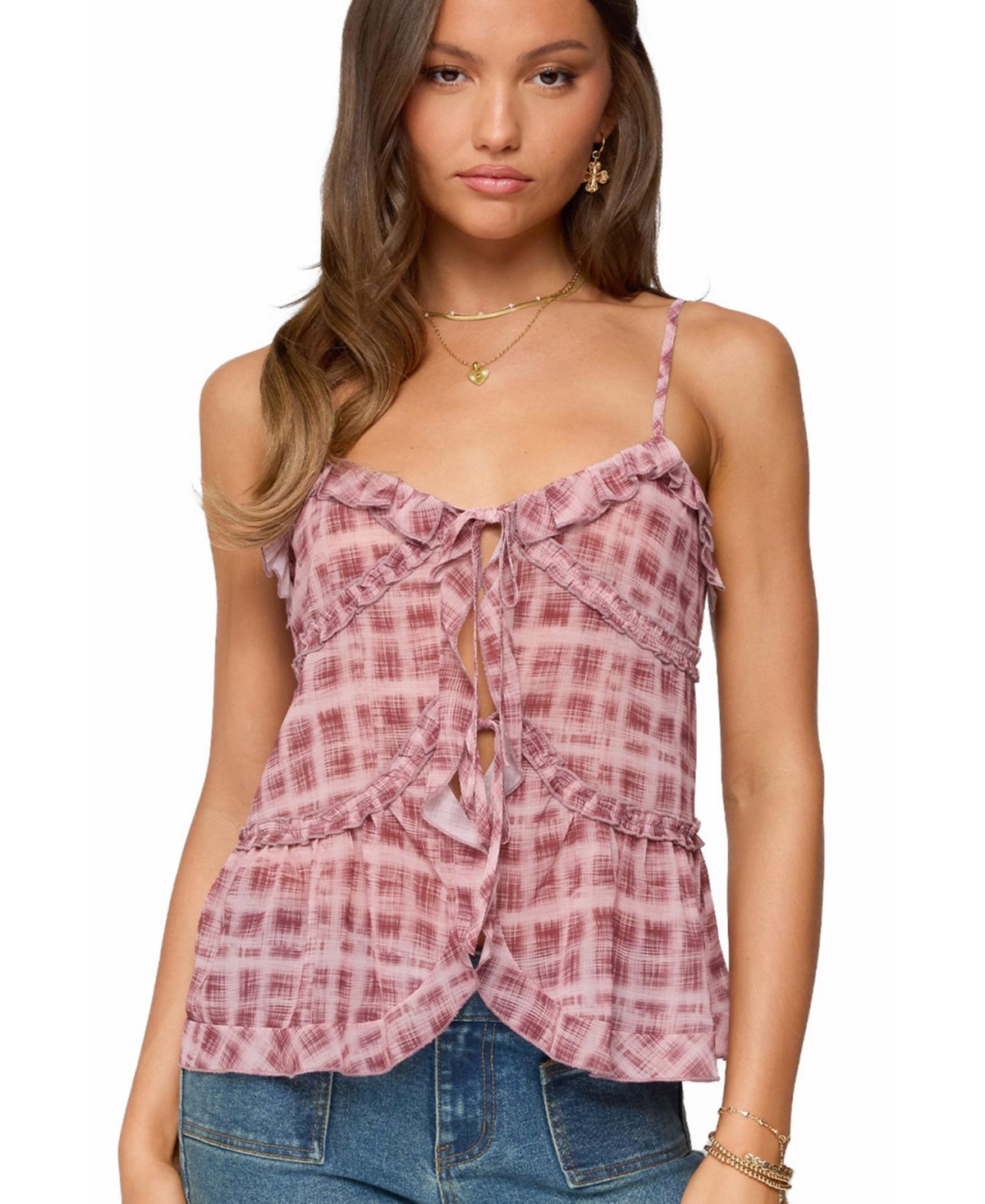 Women's Chiffon Printed Tie Front Ruffle Top - Pink