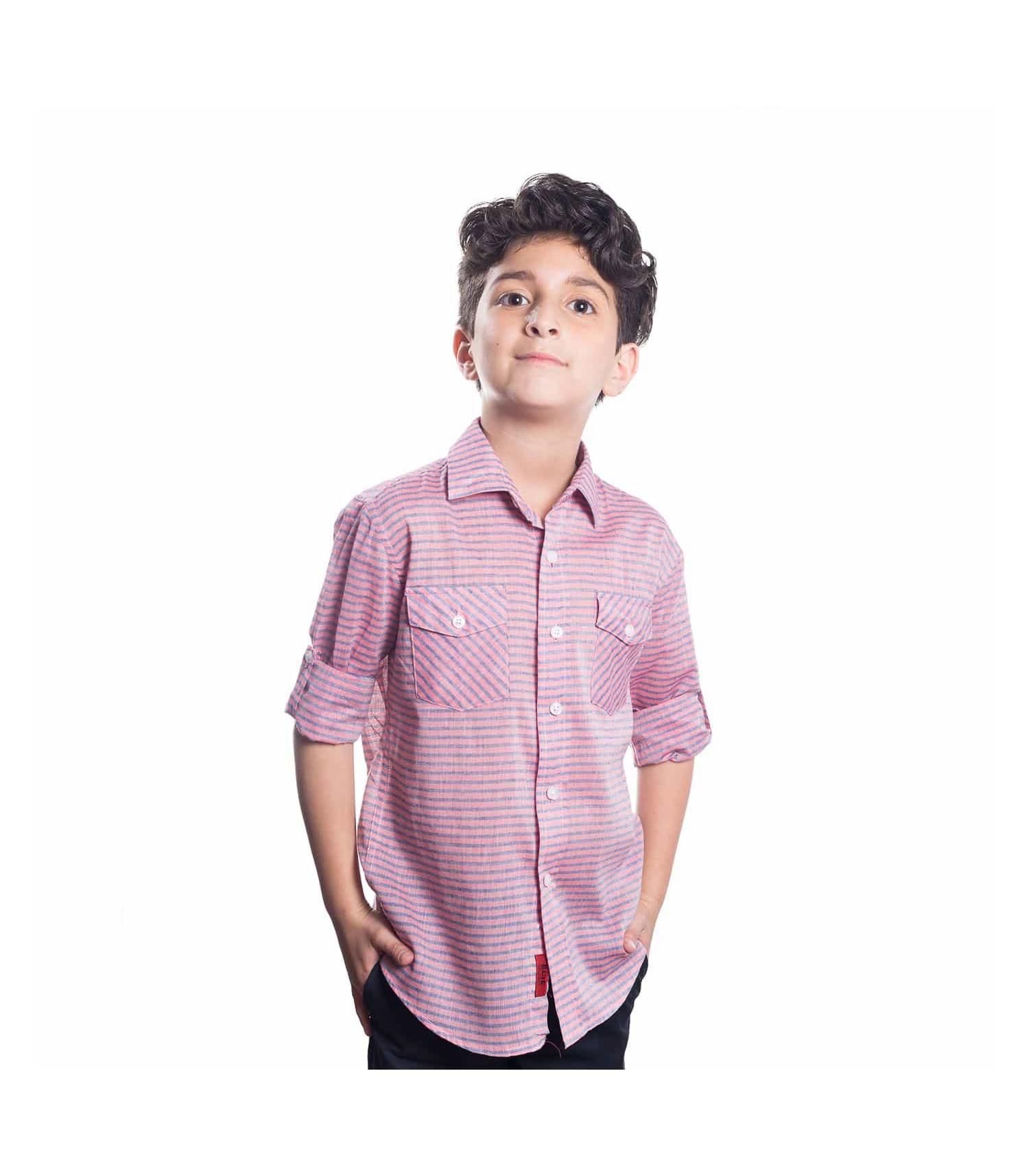 Little Boys Red Slim Fit Striped Shirt For