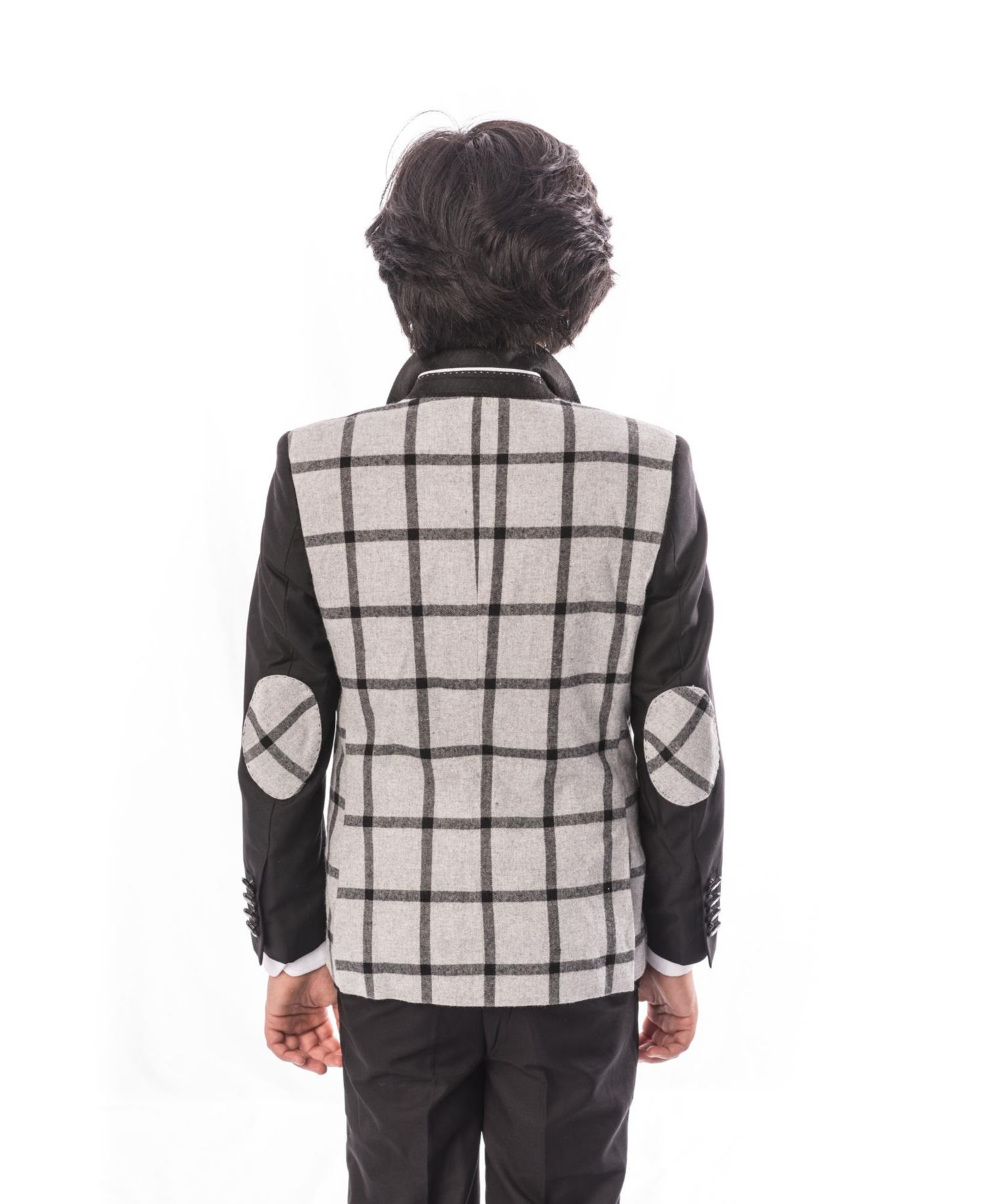 Boys Grey Slim Fit Windowpane Plaid Blazer