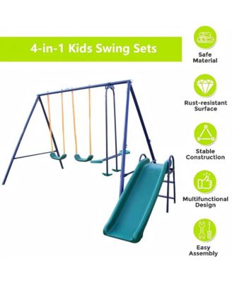 Heavy Duty A-Frame Metal Swing Set with Slide, 2 Weather-Resistant Seats, Easy Assembly, Perfect for Kids Ages 3-8