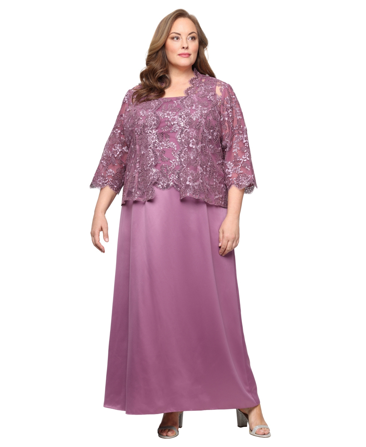 Plus Size Stretch Tulle 3/4-Sleeve Jacket Dress - Dark Mauve