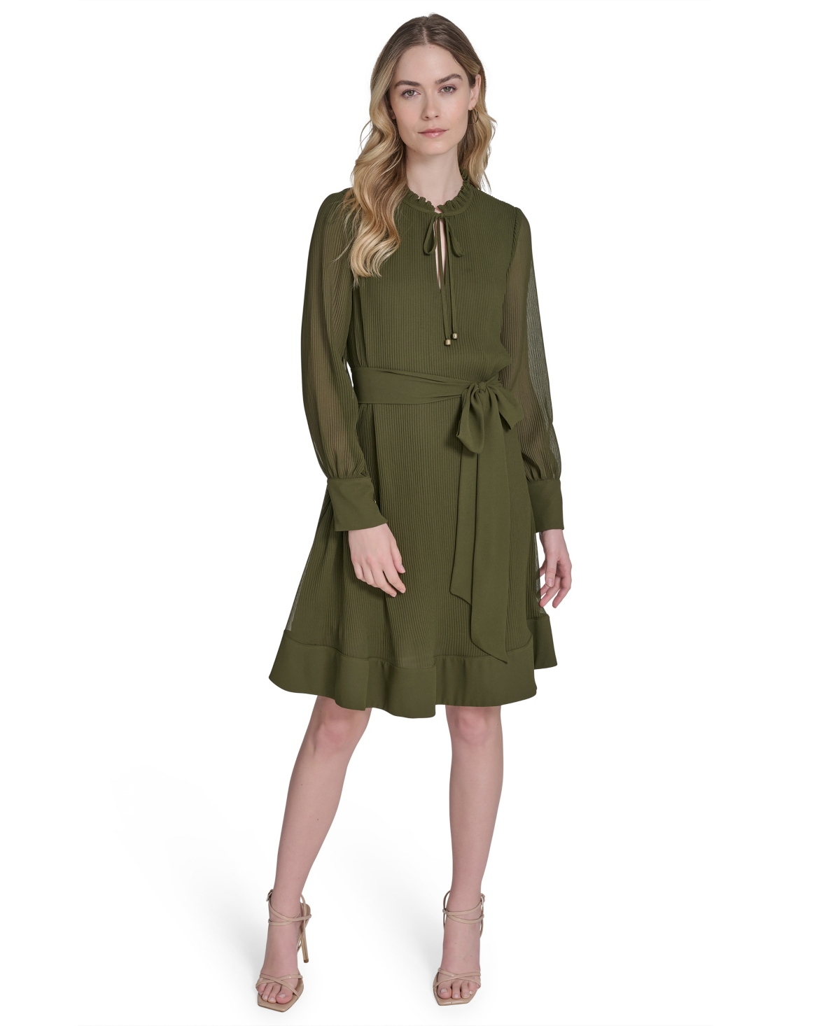 Women's Solid-Color Pleated Chiffon Tie-Belt Dress - Olive