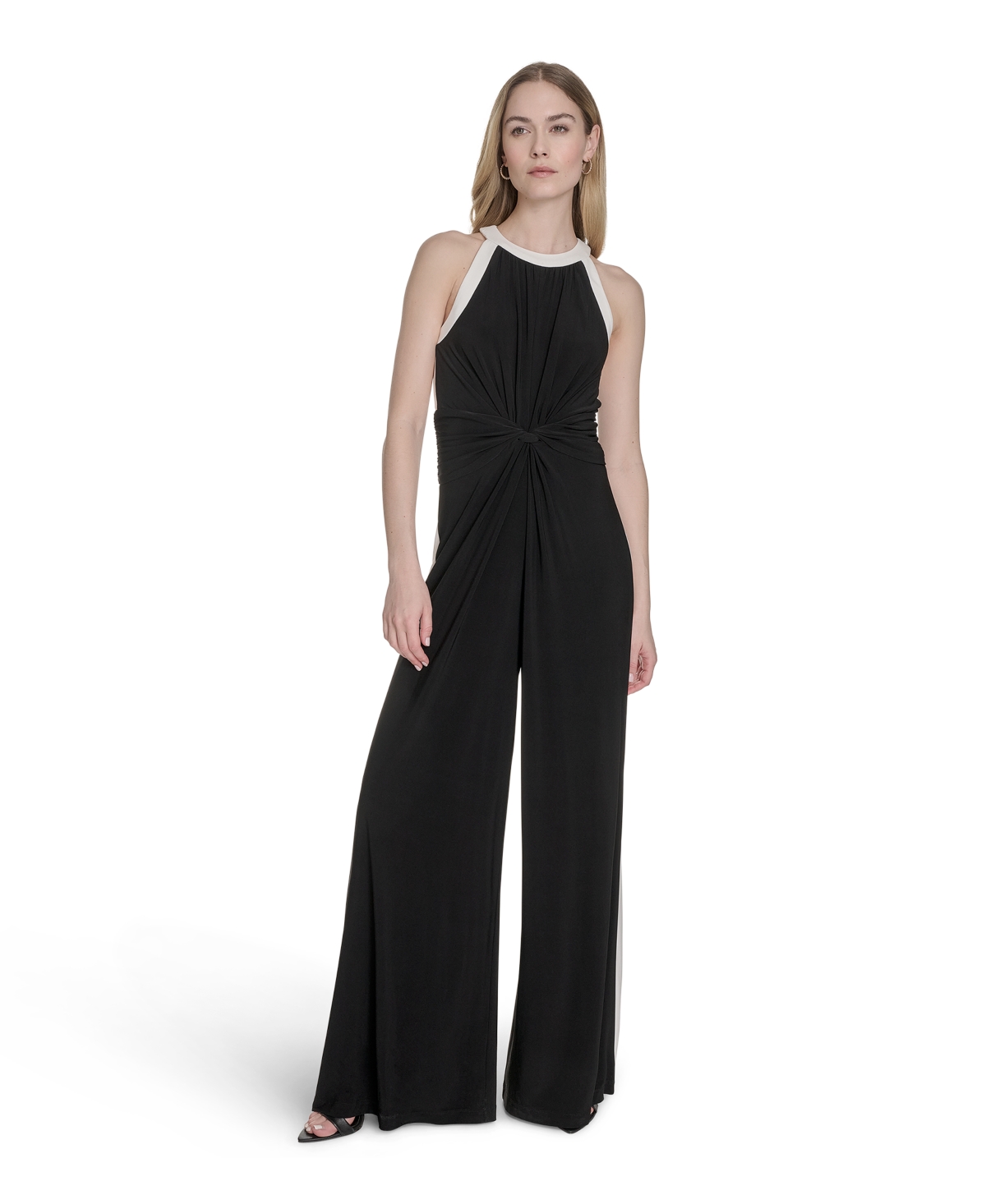 Women's Halter Twist-Front Wide-Leg Jumpsuit - Black