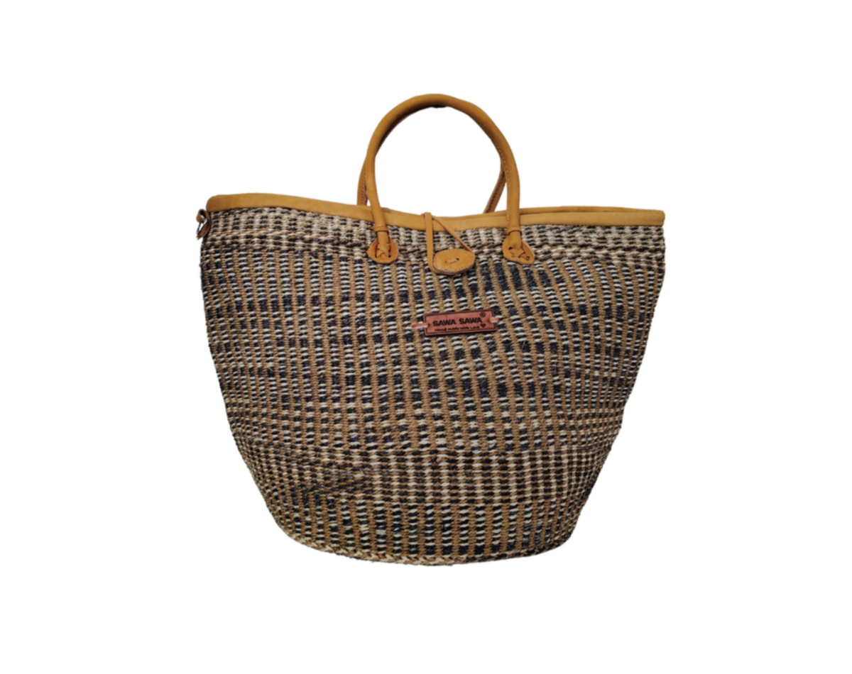 Rooted Heritage Handmade Sisal Straw Basket Tote Bag - Ash gray and ivory wove