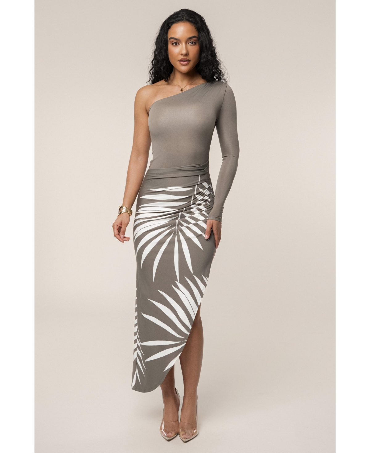 Women's One Shoulder Palm Print Dress - Tan