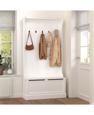 Entryway Bench with Coat Rack, Shoe Storage, & Hooks - White