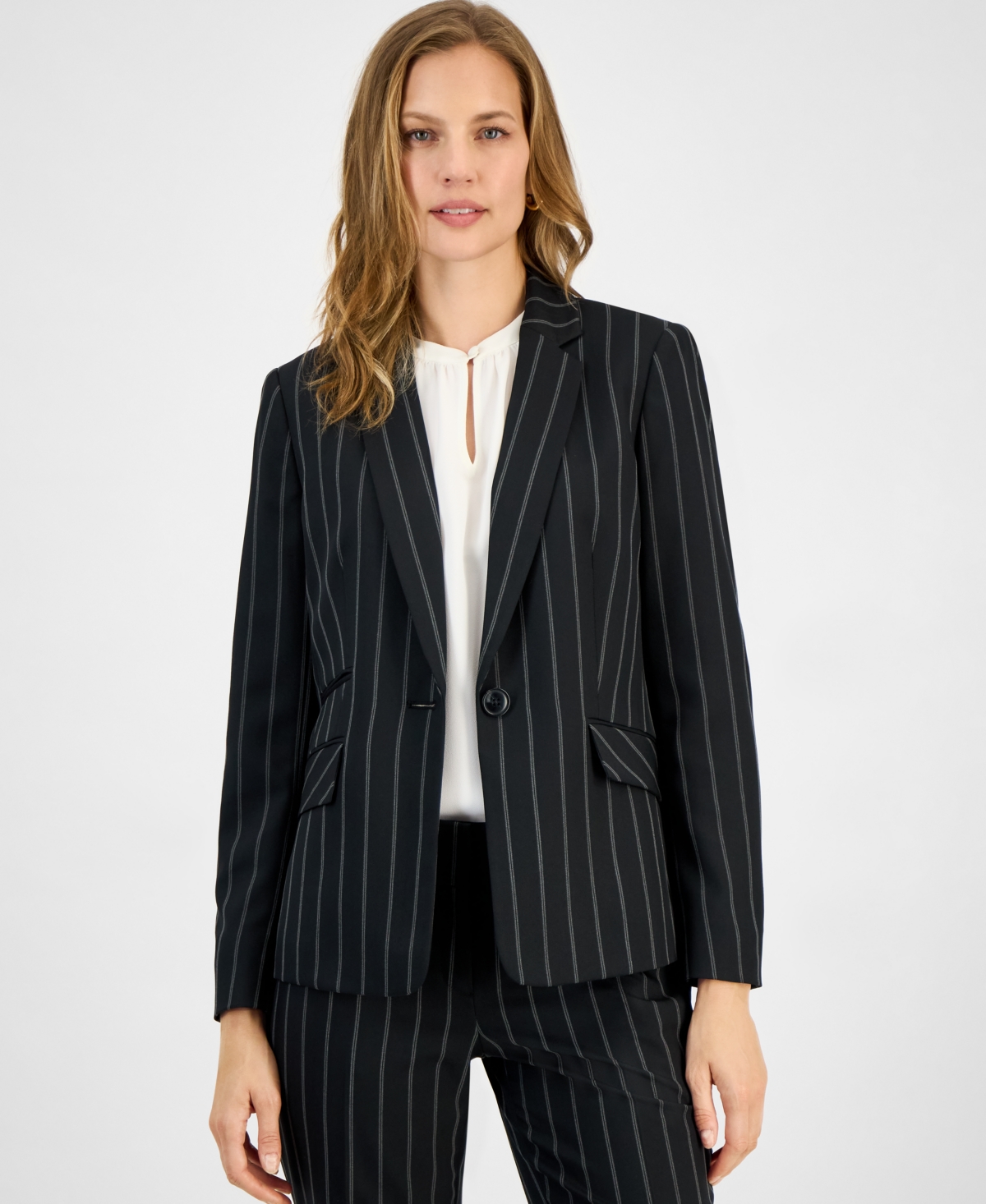 Women's Pinstriped One-Button Blazer, Regular & Petite - Black/Vanilla Ice