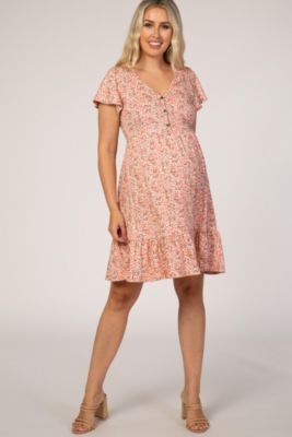 Maternity Pink Floral Ruffle Accent Dress