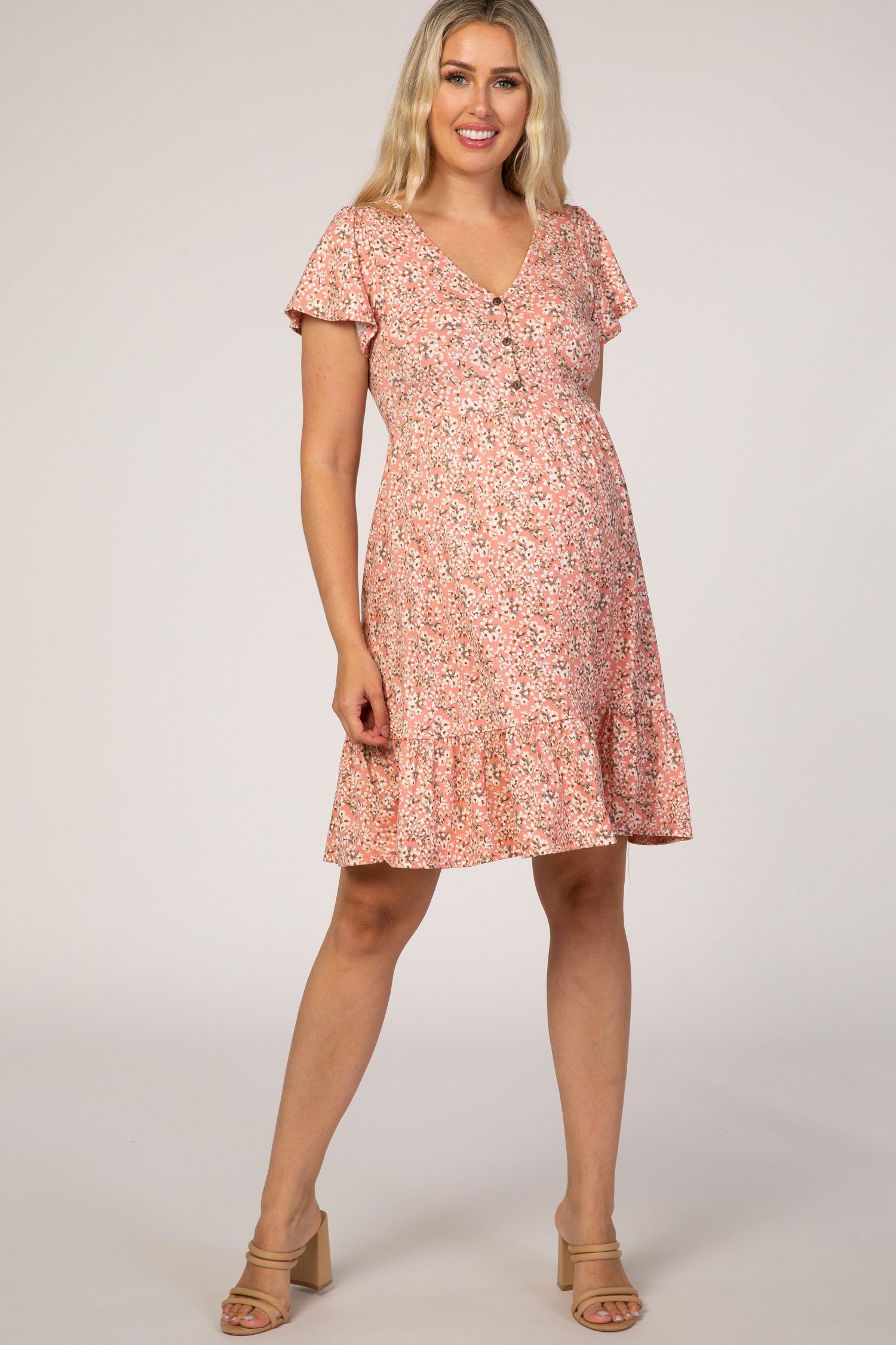 Women's Pink Floral Ruffle Accent Dress