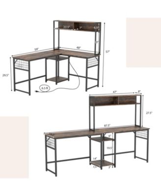 L-shaped Desk with Power Outlet Hutch