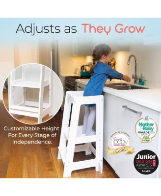 Toddler Tower with Adjustable Step, White Montessori-Inspired Toddler Step Stool, Standing Tower for Kids, Fits Under Kitchen Counters, Adjustable for 18 Month - 5 Years