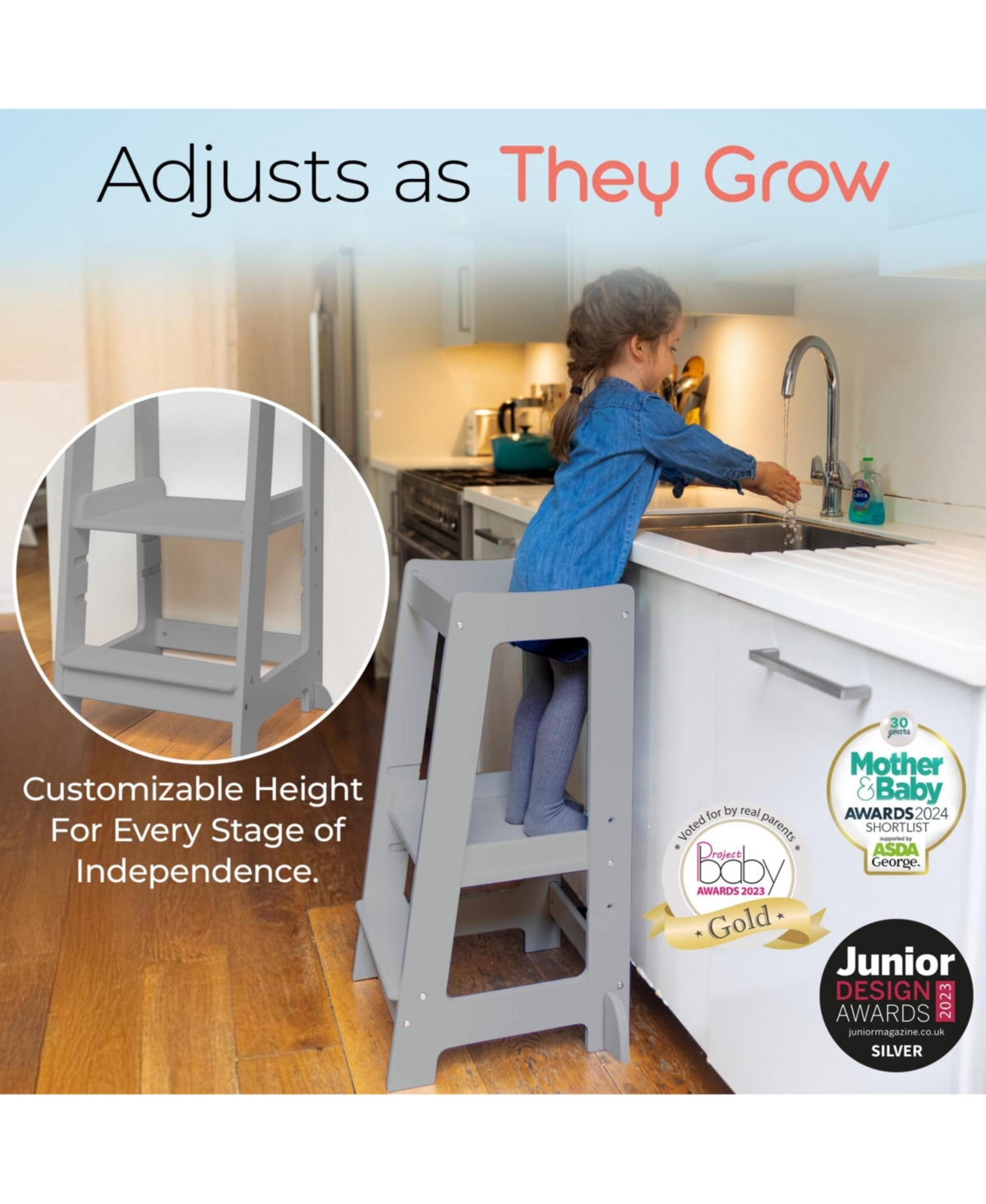 Stepup Baby Toddler Tower with Adjustable Step, White Montessori-Inspired Step Stool, Standing for Kids, Fits Under Kitchen Counters, Ad