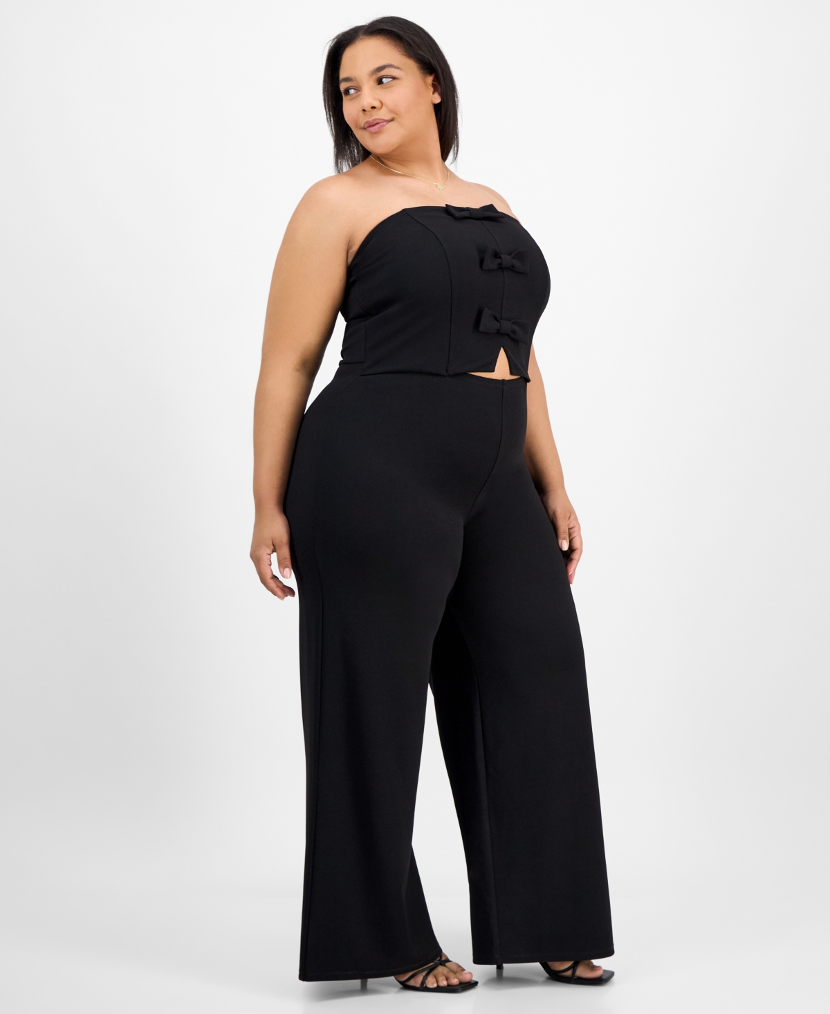 Madden Girl Trendy Plus Size Waist-cutout Bow-trim Jumpsuit In Black