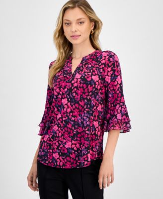 Kasper - Women's Split-Neck Polka-Dot Flutter-Sleeve Top