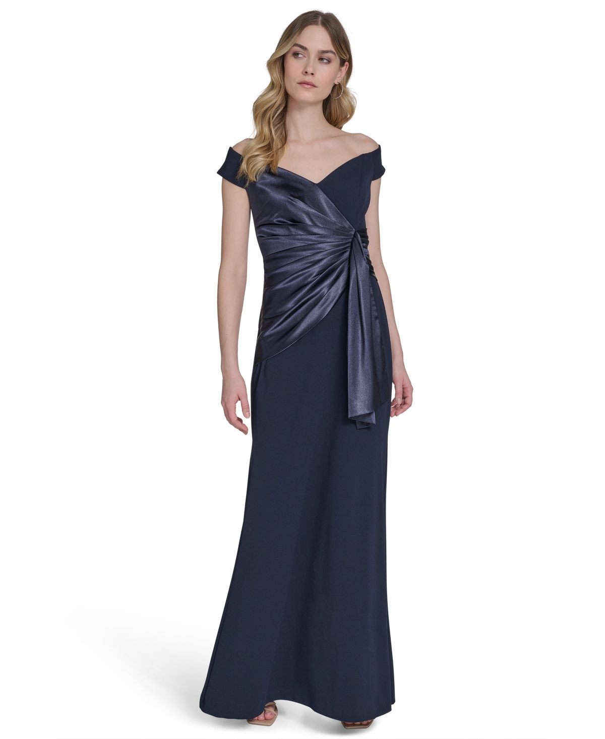 Petites Off-The-Shoulder Wrap-Accent Gown - Navy
