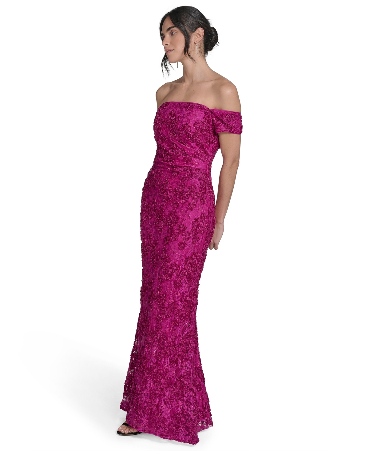 Petite Soutache Floral Lace Off-the-shoulder Gown - Magenta