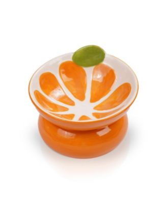 Orange Shaped Stoneware Elevated Pet Bowl, Raised Ceramic Food & Water Dish for Dogs and Cats
