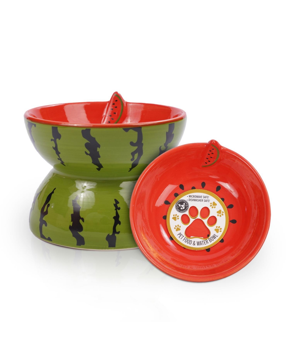 P.t. Supply Co. Watermelon Shaped Stoneware Elevated Pet Bowl, Raised Ceramic Food & Water Dish for Dogs and Cats - Red
