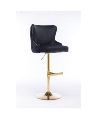  Adjustable Velvet Bar Stool with Diamond Lattice Back, Lion's Head Accents
