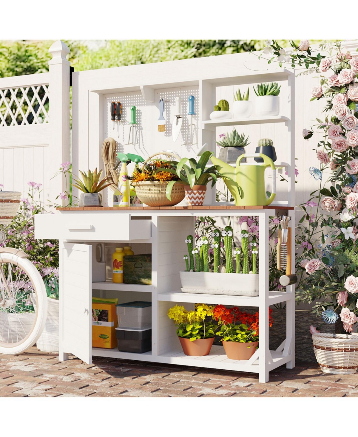 Fir Wood Potting Bench with Hutch & Storage - White