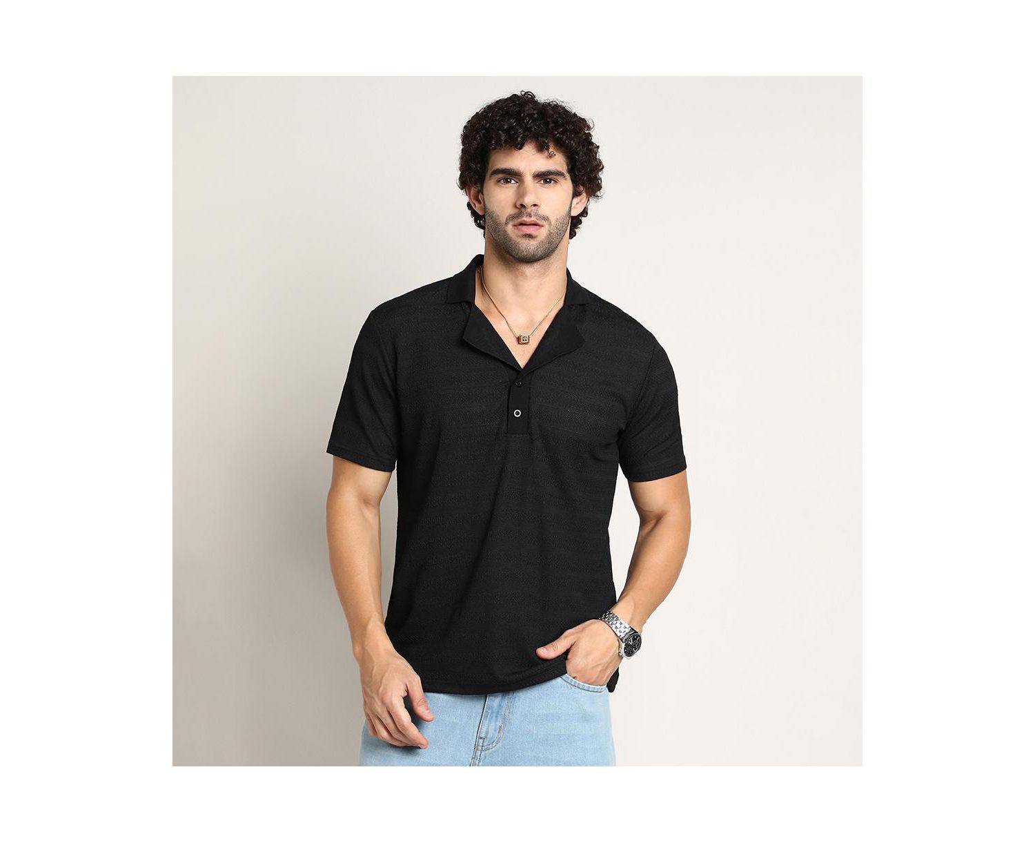 Men's Onyx Black Panel-Tactile Cuban Polo T-Shirt