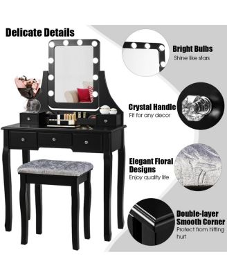 2-Pc. MDF 10 Dimmable Bulb Lighted Vanity Dressing Table Set with Cushioned Stool