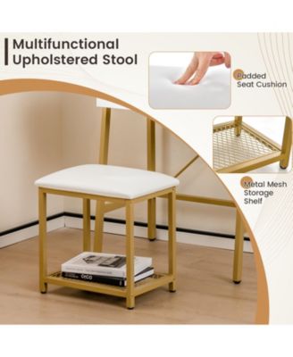 2Pc Powder-Coated Metal Frame Ladder Vanity Desk Set with Flip Top Mirror and Cushioned Stool