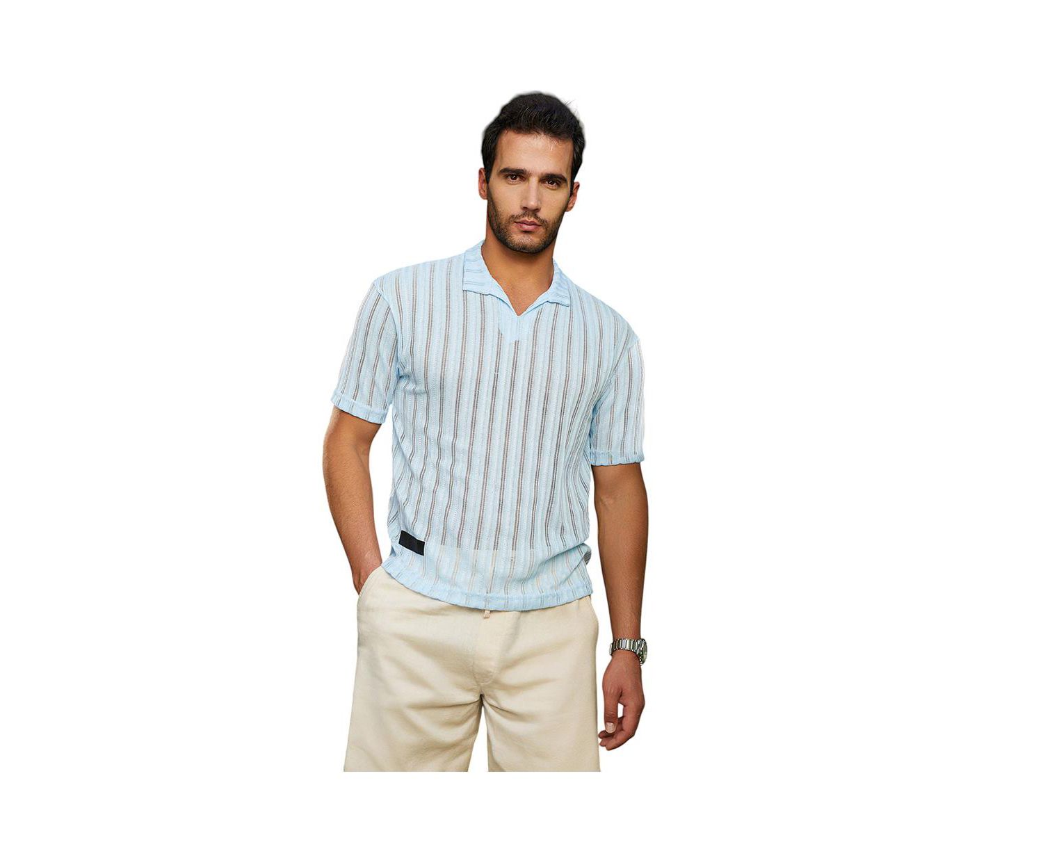 Men's Baby Blue Duo-Striped Relaxed Polo T-Shirt