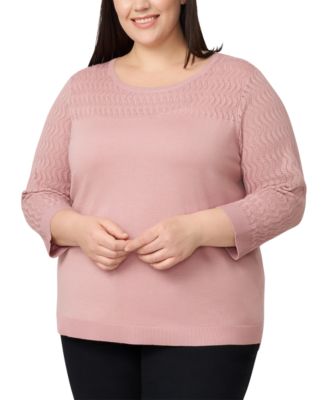 Melissa Paige - Plus Size Pointelle-Yoke 3/4-Sleeve Sweater
