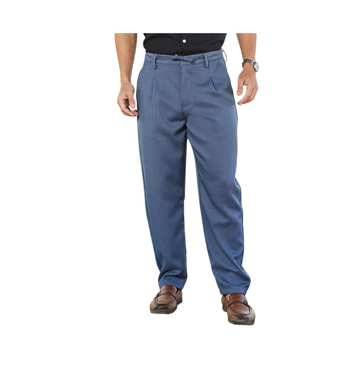 Campus Sutra Men's Steel Blue Tailored Linen-Blend Trousers - Blue