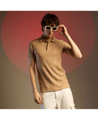Men's Buff Beige Intertwine-Textured Polo T-Shirt