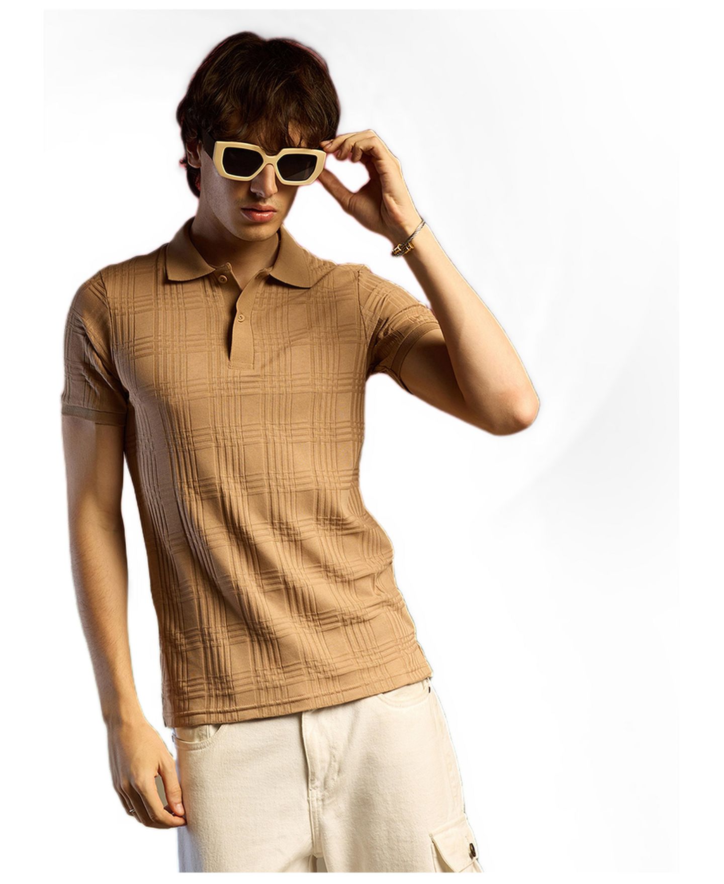 Мужская футболка Cahoot Buff Beige Intertwine-Textured Polo, цвет: Бежевый / Хаки — фото 2