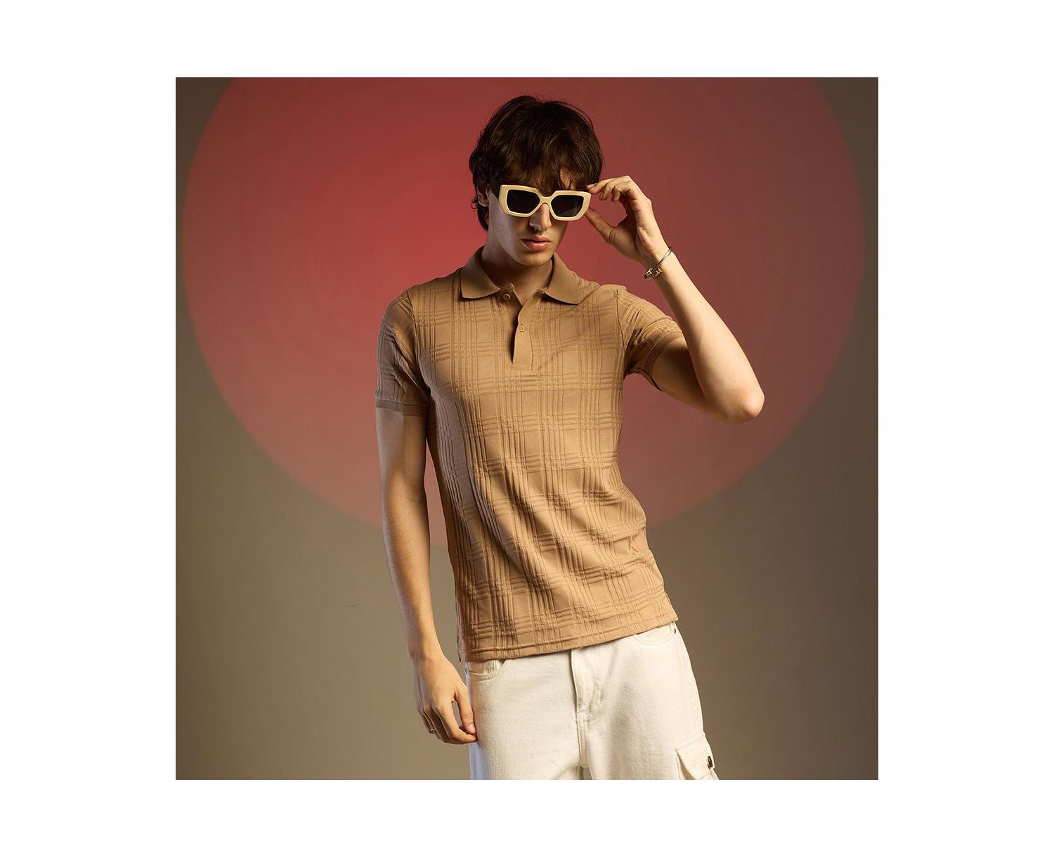 Men's Buff Beige Intertwine-Textured Polo T-Shirt
