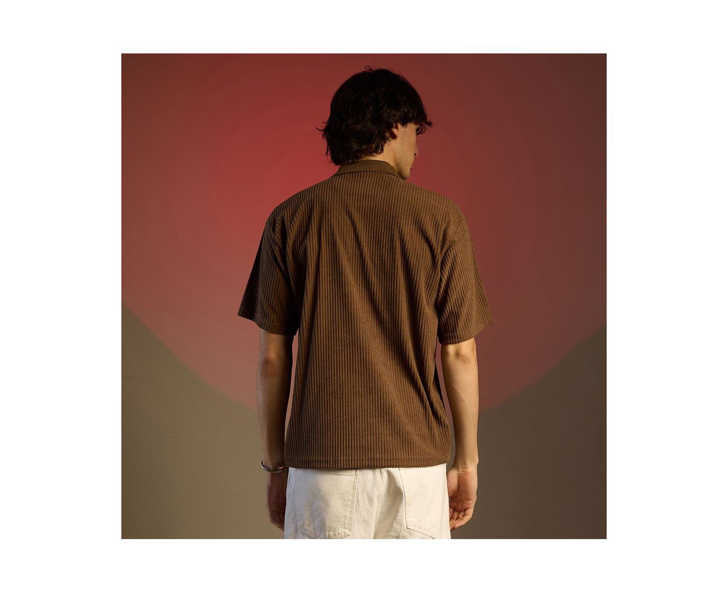 Men's Chocolate Brown Ribbed Oversized Polo T-Shirt