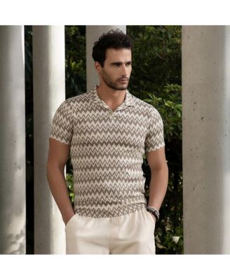 Men's French Beige & Off White Zig-Zag Knit Polo T-Shirt