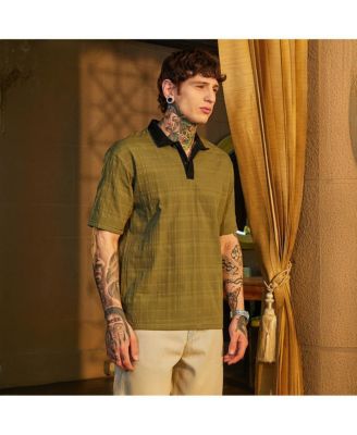 Men's Olive Green & Onyx Black Contrast Grid Polo T-Shirt