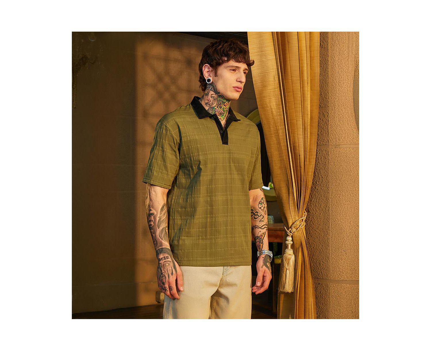Men's Olive Green and Onyx Black Contrast Grid Polo T-Shirt