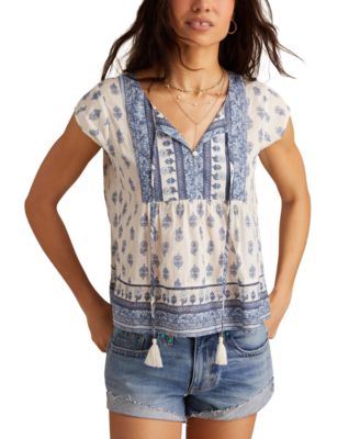 Women's Cotton Mixed-Print Peasant Blouse