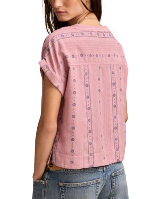 Women's Embroidered Cotton Cuffed-Sleeve Top