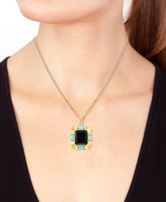 EFFY&reg; Onyx (12x10mm) & Turquoise (3x5mm) Pendant Necklace in 14k Gold-Plated Silver, 17" + 1" extender