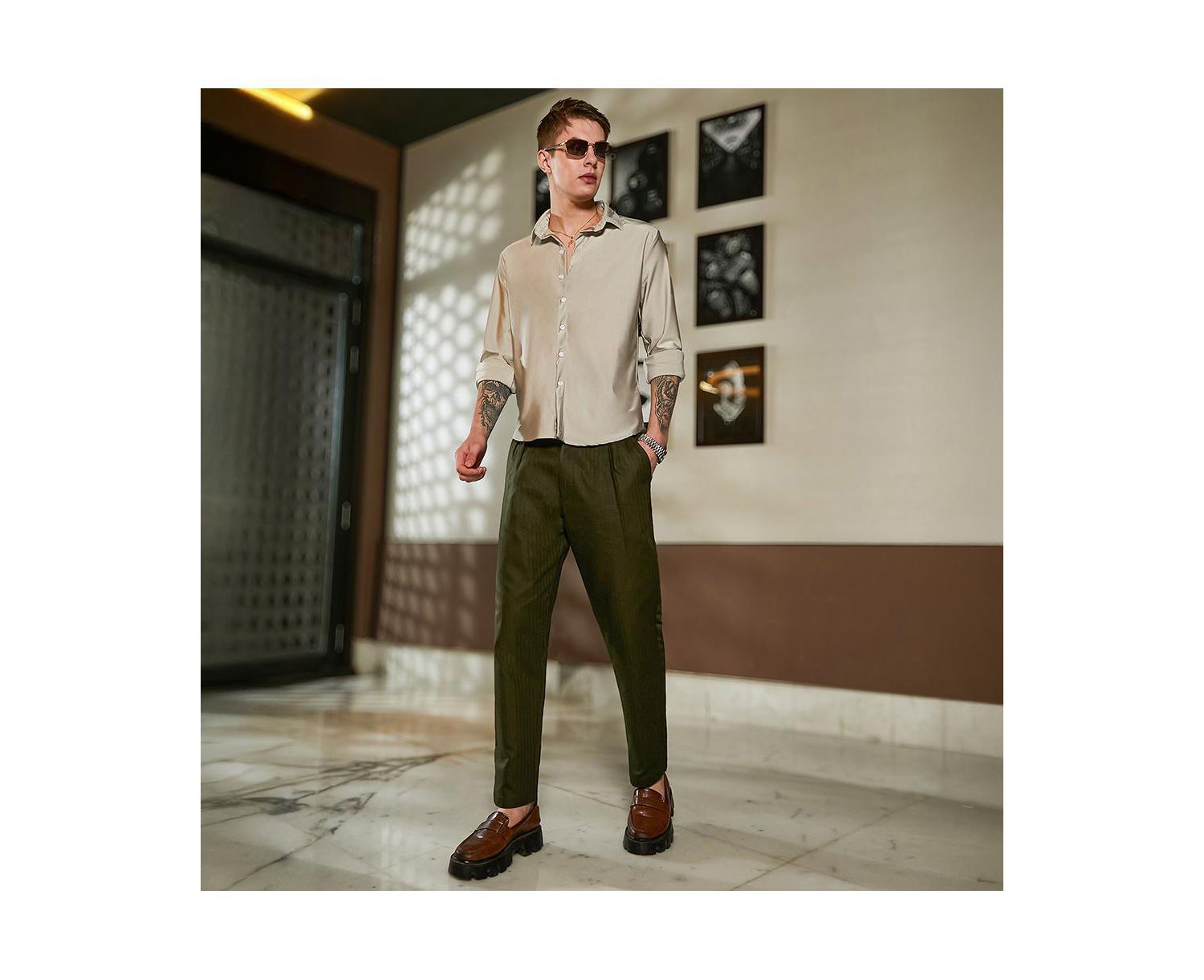 Men's Juniper Green Striped Tailored Trousers
