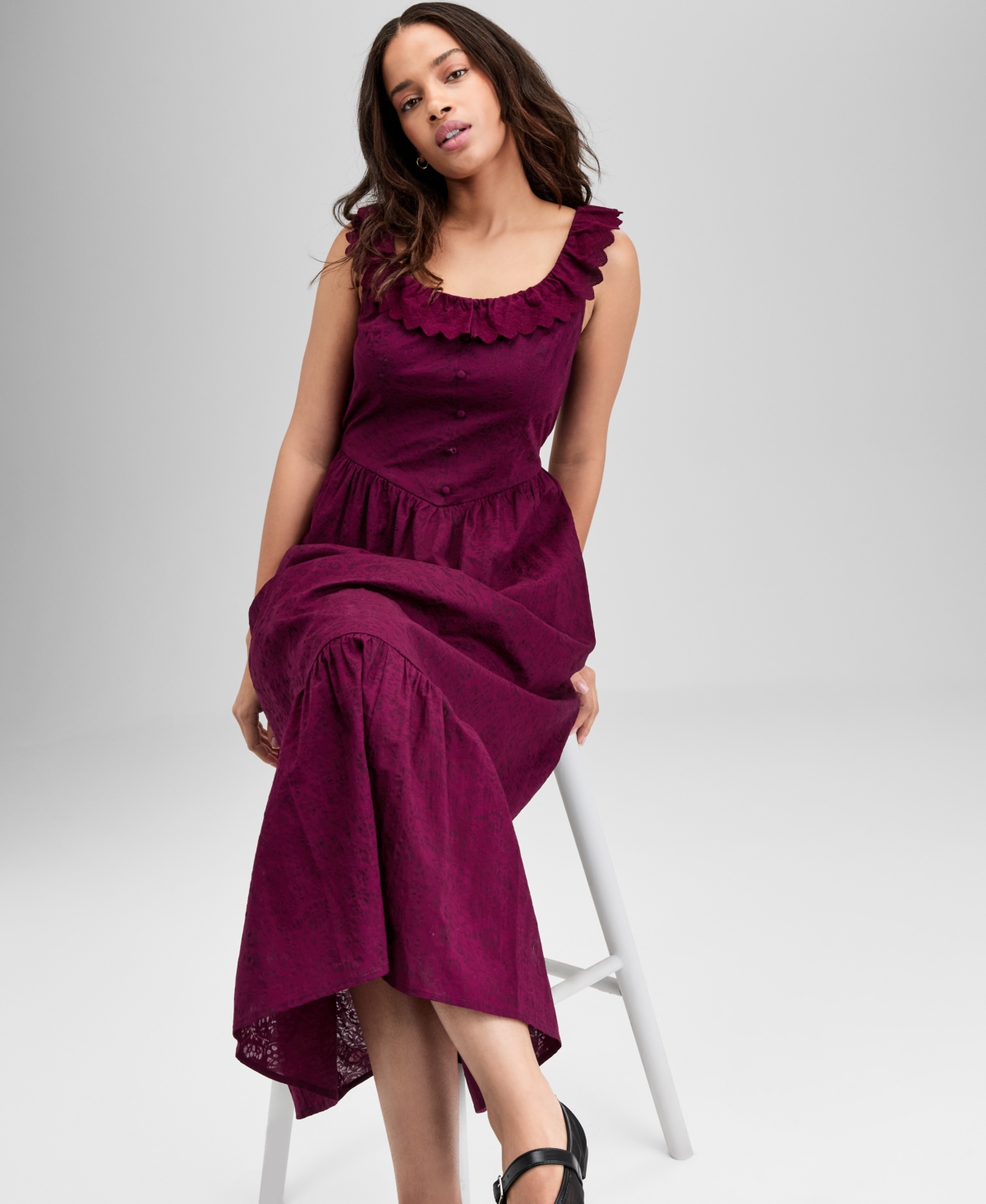 And Now This Women's Cotton Ruffle-trim Scoop-neck Voile Maxi Dress, Exclusively At Macy's In Burgundy