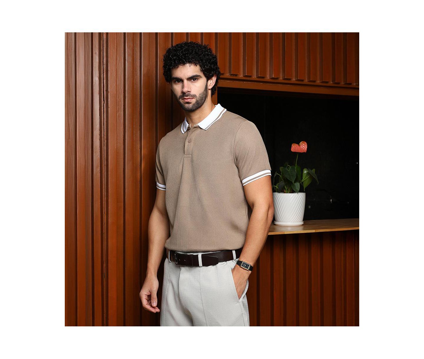 Мужская футболка Cahoot Campus Sutra Sand Beige Cuboid-Stripe Polo, цвет: Бежевый / Хаки — фото 4