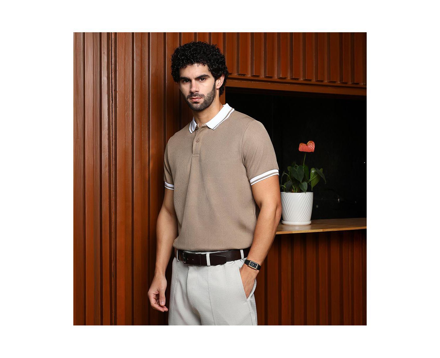 Men's Sand Beige Cuboid-Stripe Polo T-Shirt